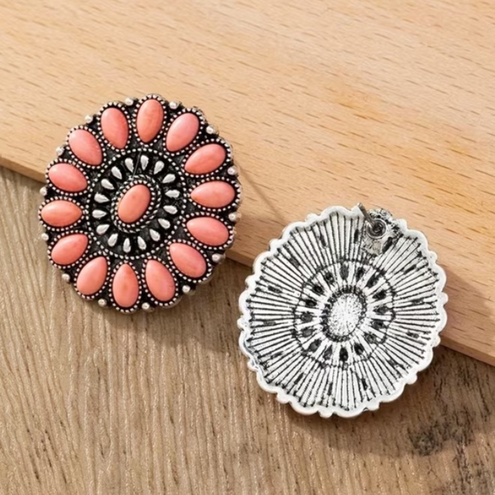 Coral Pink Floral Round Bohemian Style Statement Earrings Western Jewelry NWT - Picture 2 of 5